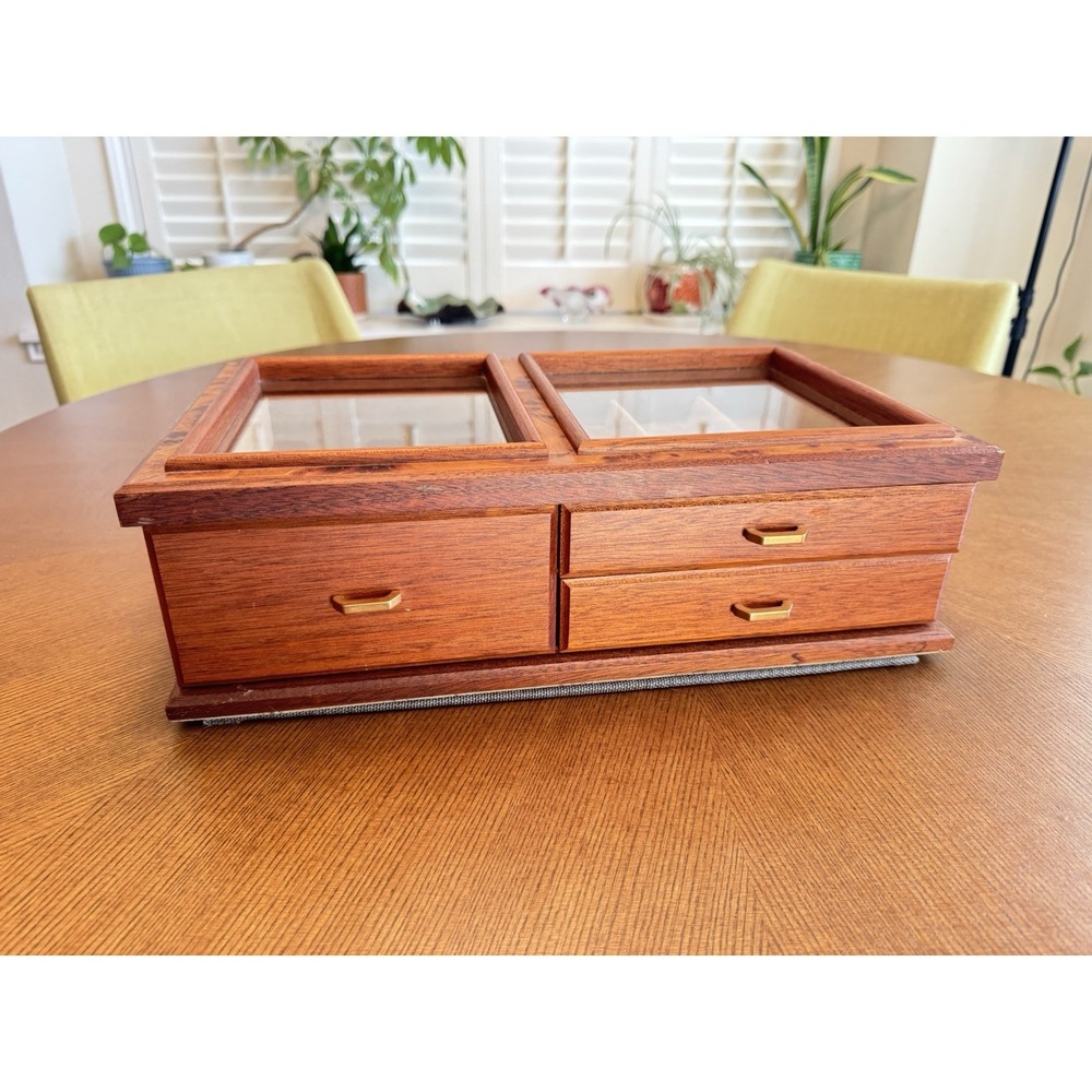 Agresti Burl Wood Jewelry Watch Box Glass Top Valet Case 4 Watch 3 Drawers